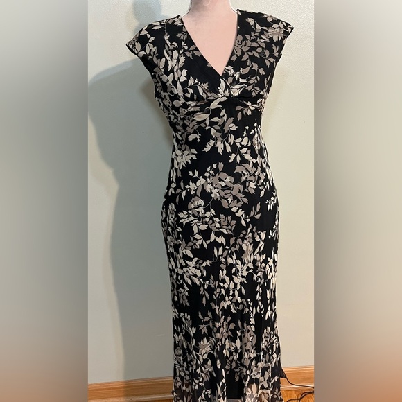 Jones New York Black Floral Baby Doll VTG   Silk Grudge Y2K Sheath Midi Dress 4 - Picture 1 of 15